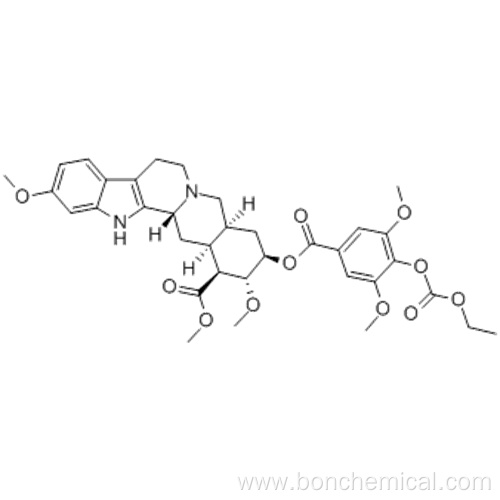 Yohimban-16-carboxylicacid, 18-[[4-[(ethoxycarbonyl)oxy]-3,5-dimethoxybenzoyl]oxy]-11,17-dimethoxy-,methyl ester,( 57362957, 57184496,3b,16b,17a,18b,20a)- CAS 84-36-6